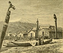 Lithograph of the Stikine village at Fort Wrangell, Alaska (c. 1880) The Great West- its attractions and resources. Containing a popular description of the marvellous scenery, physical geography, fossils, and glaciers of this wonderful region; and the recent (14595480049).jpg