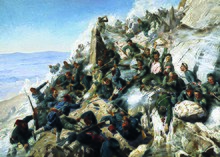 Russian troops fighting against Ottoman troops at the Battle of Shipka Pass (1877) The defeat of Shipka Peak, Bulgarian War of Independence.JPG