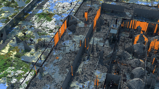 A render from the same perspective as of February 2020, which, in comparison to the render to the left, shows how the destruction of the spawn area has greatly increased over time