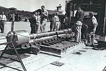 A prototype of the "Thin Man" gun being tested at Anchor Ranch, at Los Alamos. Thin Man testing at Anchor Ranch.jpg