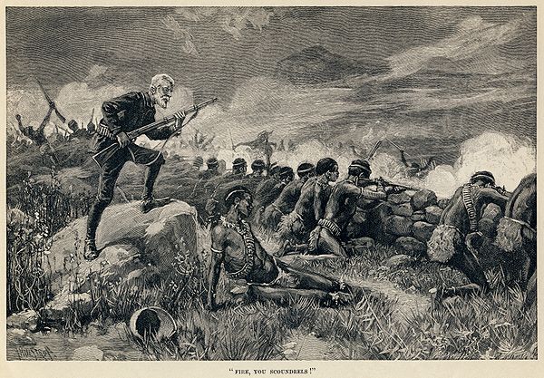 Allan Quatermain, having waited until the last minute, orders his men to fire in this illustration by Thure de Thulstrup from Maiwa's Revenge (1888)