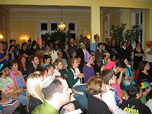 Members of independent minyan Tikkun Leil Shabbat celebrate the Jewish holiday of Purim. Tikkun Leil Purim.jpg