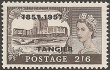 2/6 brown overprinted for the centenary of the Tangier postal agency, in Morocco. Timbre Tanger UKsurch 2-6 1957.jpg