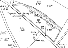 A dismantled Tregantle Down Battery depicted on an Ordnance Survey map from 1905. Tregantle Down Battery OS map 1905.png