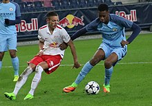 Adarabioyo, pictured during his time with Manchester City, was lauded as a ball-playing centre-back by his former manager Pep Guardiola. UEFA Youth League FC Salzburg gegen Manchester City FC ( 8. Februar 2017) 64.jpg