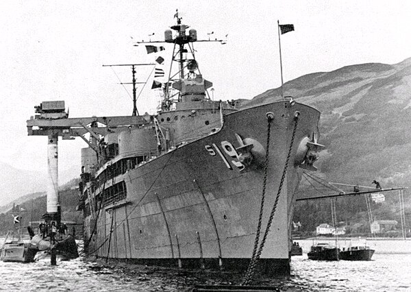 Transfer of a Polaris missile between Proteus and USS Patrick Henry at Holy Loch, Scotland, in 1961.