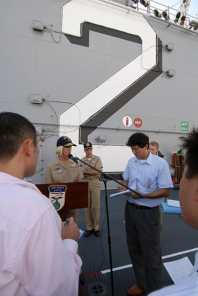 File:US Navy 070928-N-0237L-029 Commander, Expeditionary Strike Group 7-Task Force 76, Rear Adm. Carol M. Pottenger answers questions for local media during a media availability plan aboard the multipurpose amphibious assault ship U.jpg