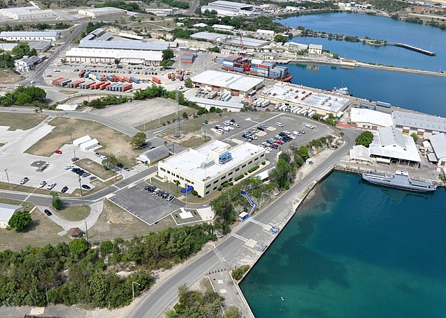 Aerial view of Bulkeley Hall, the headquarters and administration building at Guantanamo Bay Naval Base