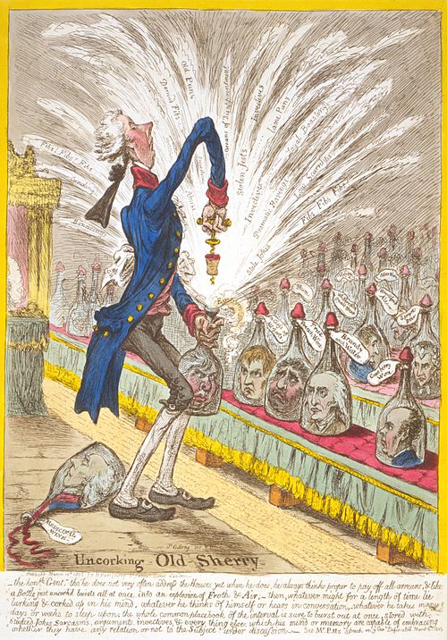 In Uncorking Old Sherry (1805), James Gillray caricatured Sheridan as a bottle of sherry, uncorked by Pitt and bursting out with puns, invective, and 