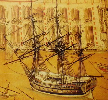 Venetian 74-gun ship Vittoria in the Arsenal of Venice. Detail from a print by Gianmaria Maffioletti, which depicts the Arsenal in May 1797, right before the French plunder. (Naval History Museum, Venice).