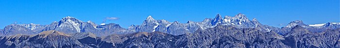 View of Ottertail Range from west with Mount Vaux (left), Chancellor Peak (center), and Mount Goodsir (right)