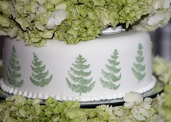 Wedding cake with ferns, closeup.
