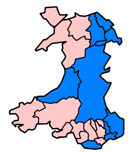 Principal areas in Wales affected in June and July 2007 floods as of 24 July (marked in blue).