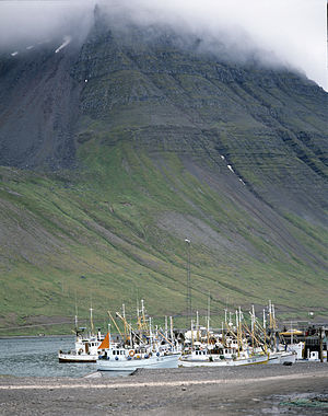 The steep slopes of Ernir behind the port of Ísafjörður