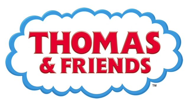 A white steam cloud with a sky-blue outline along with the red-coloured text "Thomas & Friends" in start case. A small trademark logo is located at the bottom-right.