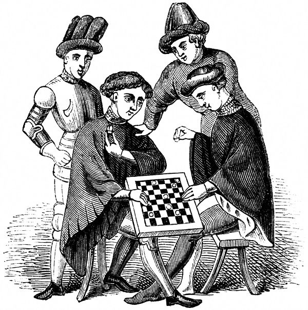 Men in medieval clothing playing checkers