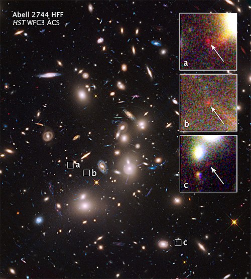 Abell 2744 galaxy cluster – extremely distant galaxies revealed by gravitational lensing (16 October 2014).