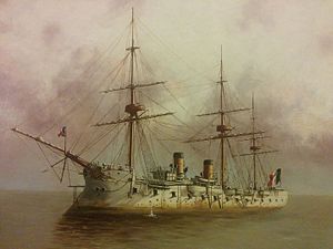 Detail of an oil painting of the Duquesne, a hybrid ship with an iron hull and two funnels from its seam plant, but also three masts. The sails are furled, but the rigging is considerable. The hull is grey and darker at the waterline. There is a row of gunports. The funnels are red and the French tricolor flies from both the bow and stern. The water is dark and a dark cloud silhouettes the ship.