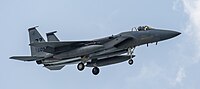 A US Air Force F-15C Eagle, tail number 85-0097, on final approach at Kadena Air Base in Okinawa, Japan. It is assigned to the 44th Fighter Squadron at Kadena AB.