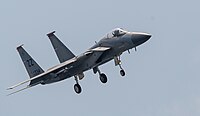 A US Air Force F-15C Eagle, tail number 81-0034, on final approach at Kadena Air Base in Okinawa, Japan. It is assigned to the 67th Fighter Squadron at Kadena AB.