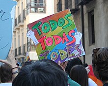 Banner written "todos, todas, todes" at the Valladolid Pride in 2023 2023 LGBT Pride Valladolid 61 (cropped).jpg