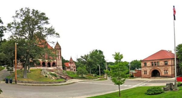 View from The Rockery showing Oakes Ames Memorial hall (left), Ames Free Library (center), and 66 Main Street (right)