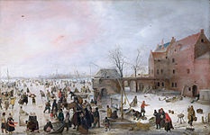 A Scene on the Ice near a Town label QS:Len,"A Scene on the Ice near a Town" label QS:Lpl,"Scena na lodzie koło miasta" label QS:Lnl,"IJsgezicht bij een stad" circa 1615 date QS:P,+1615-00-00T00:00:00Z/9,P1480,Q5727902 . oil on panelmedium QS:P186,Q296955;P186,Q106857709,P518,Q861259. 58 × 89.8 cm (22.8 × 35.3 in). London, National Gallery.