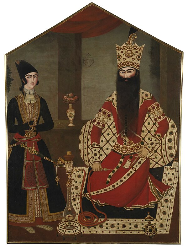 Fath-Ali Shah (right) attended by a prince (almost certainly Mohammad Mirza), attributed to Mihr 'Ali, circa 1820.