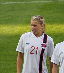 Norwegian forward Ada Hegerberg withdrew from national team play for five years over a dispute with the national team over communication and treatment. Ada Hegerberg 2013.jpg
