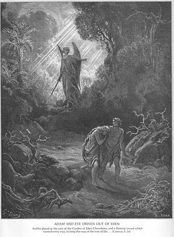 Adam and Eve being driven from Eden due to original sin, portrayed by Gustave Doré