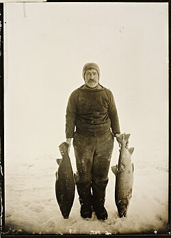 Adolf Lindstrøm med prøver av fisken på King William Island, 1904.jpg