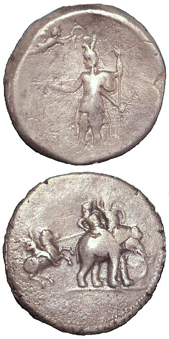 "Victory coin" of Alexander the Great, minted in Babylon c. 322 BCE, following his campaigns in India.Obverse: Alexander being crowned by Nike.Reverse: Alexander attacking King Porus on his elephant.Silver. British Museum.