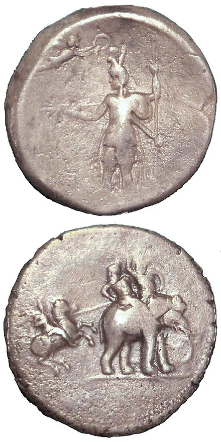 "Victory coin" of Alexander the Great, minted in Babylon c. 322 BC, following his campaigns in the Indian subcontinent.Obv: Alexander being crowned by Nike.Rev: Alexander attacking king Porus on his elephant.Silver. British Museum.