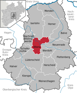 Läget för staden Altena i Märkischer Kreis