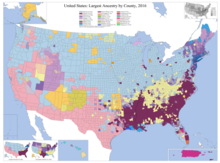 The largest ethnic backgrounds in each county in the U.S. in 2016. Ancestry map of the United States, 2016.png