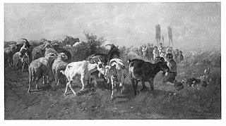 Procession passing cattle in meadow