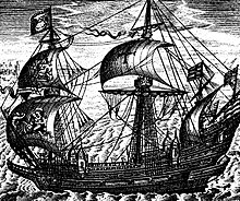 An image of the Ark Royal in (1587) by Claes Janszoon Visscher as Lord Admiral of England. His anchor flag can be seen at the top of the fore (front) mast. This flag evolved to become the admiralty flag Ark-Royal-1587.jpg