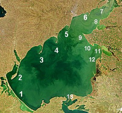 Major spits of the Sea of Azov: 1. Arabat 2. Fedotov 3. Obitochna 4. Berdyansk 5. Belosaraysk 6. Krivaya 7. Beglitsk 8. Glafirovsk (east) and Yeysk (w