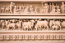 Sculpture depicting the moment Pramukh Swami Maharaj prayed for a mandir in Abu Dhabi in 1997.