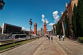 Barcelona - Avinguda de la Reina Maria Cristina - View NW towards Torres Venecianes 1929 by Josep Maria Jujol i Gibert (Decorational part of the World Expo 1929, not meant to withstand the ravages of time).jpg