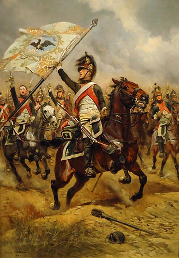 French Dragoons with captured Prussian flag at the Battle of Jena