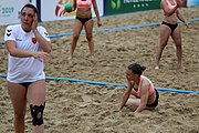 Deutsch: Beachhandball Europameisterschaften 2019 (Beach handball Euro); Tag 5: 6. Juli 2019 – Frauen, Platzierungsspiel für die Ränge 17–20, Nordmazedonien-Slowenien 0:2 (10:13, 9:15) English: Beach handball Euro; Day 5: 6 July 2019 – Placement Match/Cross Match for rank 17–20 Women – North Macedonia-Slovenia 0:2 (10:13, 9:15)