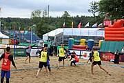 Deutsch: Beachhandball Europameisterschaften 2019 (Beach handball Euro); Tag 5: 6. Juli 2019 – Männer, Platzierungsspiel für die Ränge 5–8, Frankreich-Deutschland 0:2 (18:22, 16:19) English: Beach handball Euro; Day 5: 6 July 2019 – Placement Match/Cross Match for rank 5–8 Men – Frankreich-Deutschland 0:2 (18:22, 16:19)