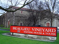 The estate architecture featured in its wine label Beaulieu Vineyard.jpg