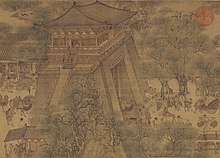 Een deel van het schilderij "Langs de rivier tijdens het Qingming-festival", dat een stadspoort van Bianjing voorstelt met een wachttoren bovenop de poort.