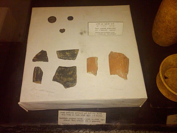 South Indian type black and red ware pot sherds found in Sri Lanka and dated to 1st to 2nd century CE. Displayed at the National Museum of Colombo.