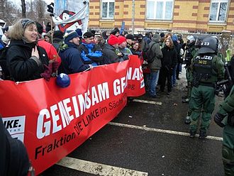 People blocking the planned neo-Nazi demonstration in Dresden on February 13, 2010 Blockade Dresden Hansastrasse 13-02-2010-420px.jpg