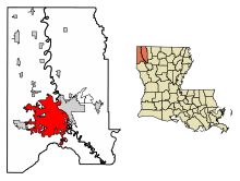 Bossier Parish Louisiana Incorporated and Unincorporated areas Shreveport Highlighted.svg