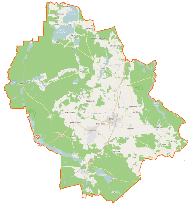 Mapa konturowa gminy Brusy, w centrum znajduje się punkt z opisem „Brusy”