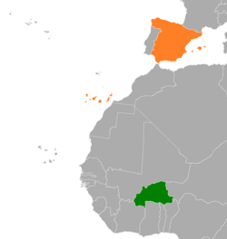 Burkina-Faso va Ispaniyaning joylashuvi ko'rsatilgan xaritada